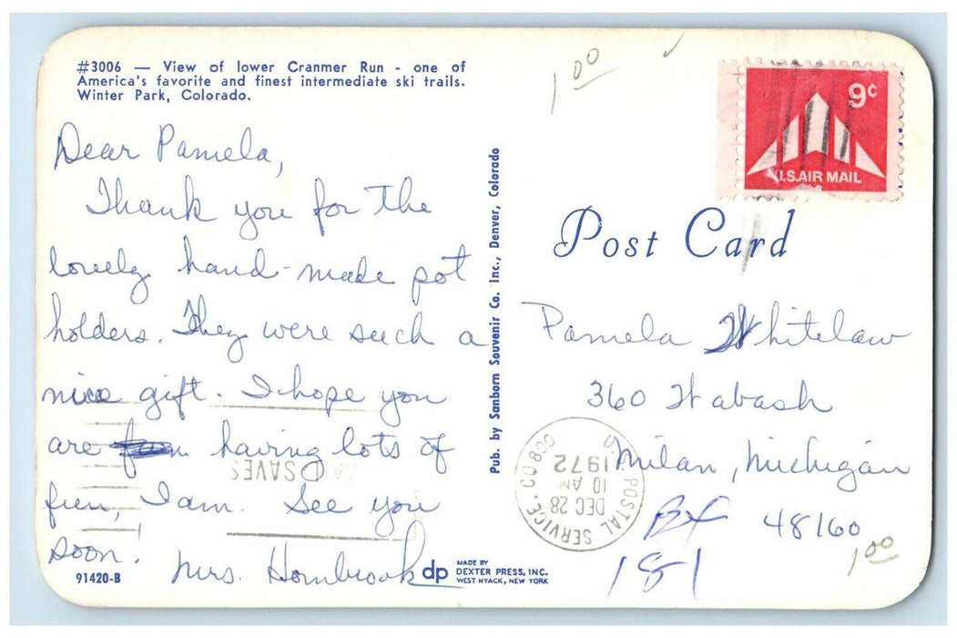 1972 View Of Lower Cranmer Run Ski Trails Winter Park Colorado CO Postcard
