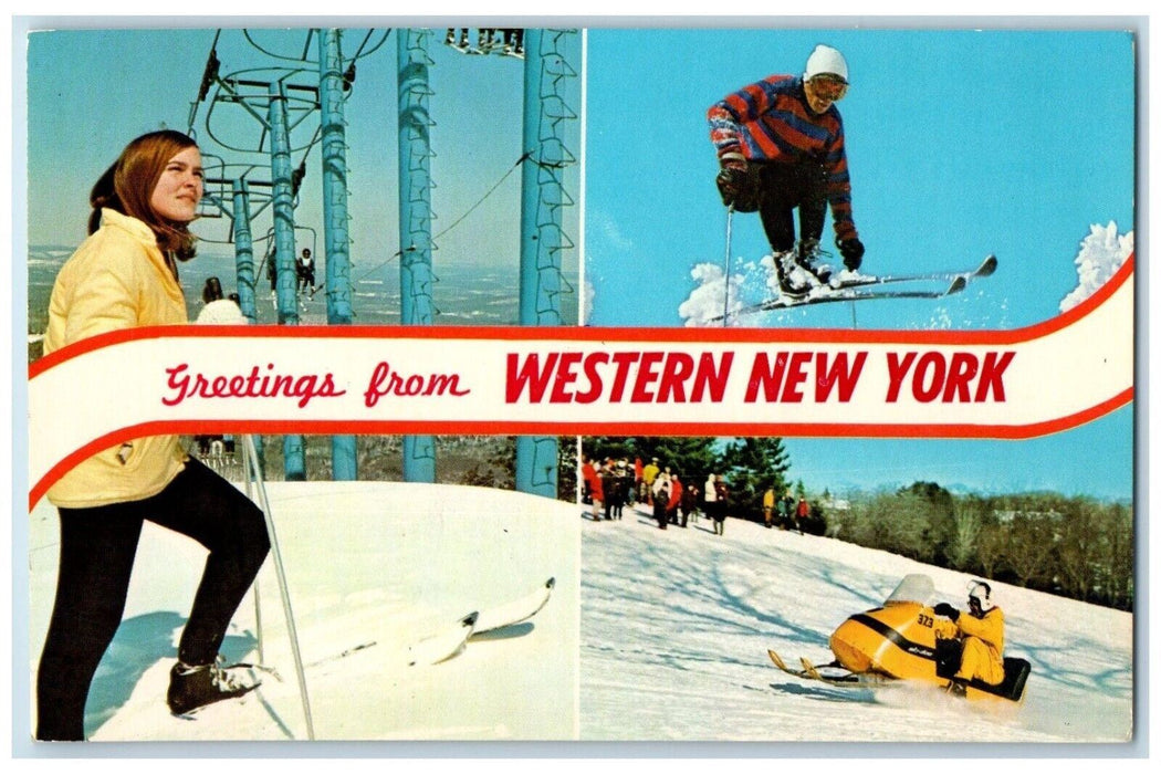 1974 Greetings From Western New York NY, Skiing Snowmobile Banner Postcard