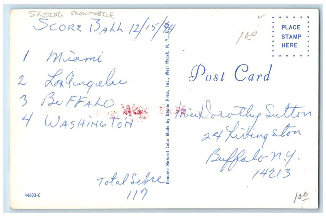 1974 Greetings From Western New York NY, Skiing Snowmobile Banner Postcard