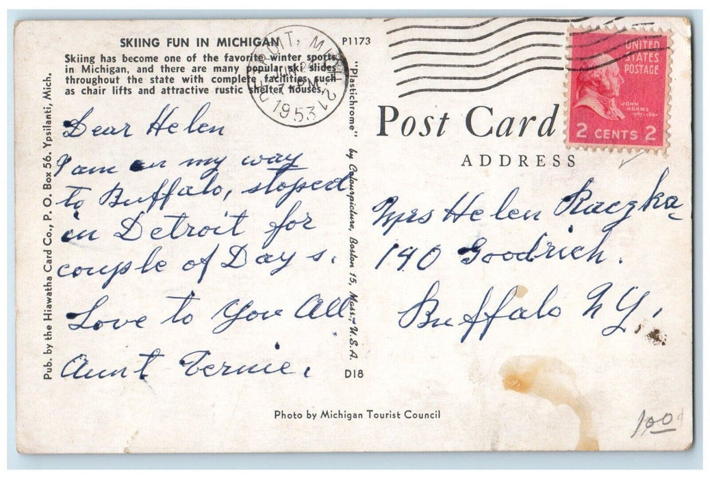 1953 Skiing Fun In Michigan, Family Scene Cabin Winter Detroit MI Postcard