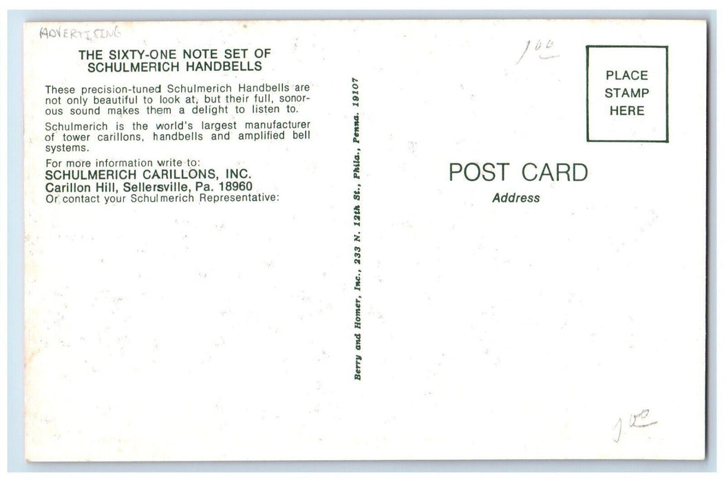 Sixty One Note Set Schulmerich Handbells Advertising Sellersville PA Postcard