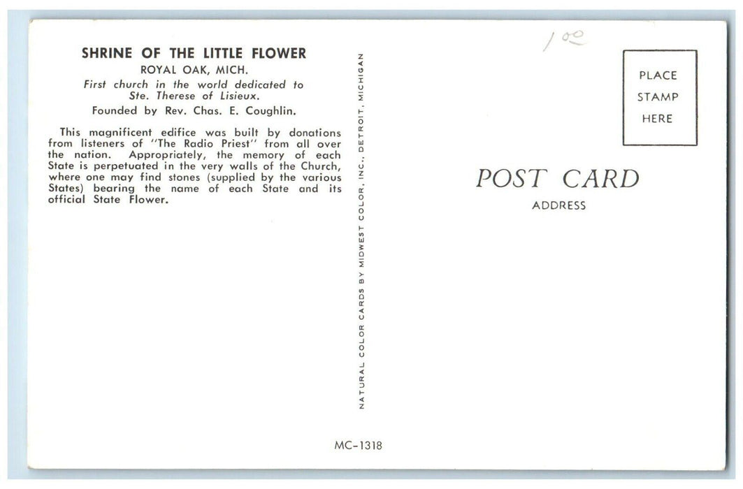 Shrine Of The Little Flower First Church Royal Oak Michigan MI Vintage Postcard