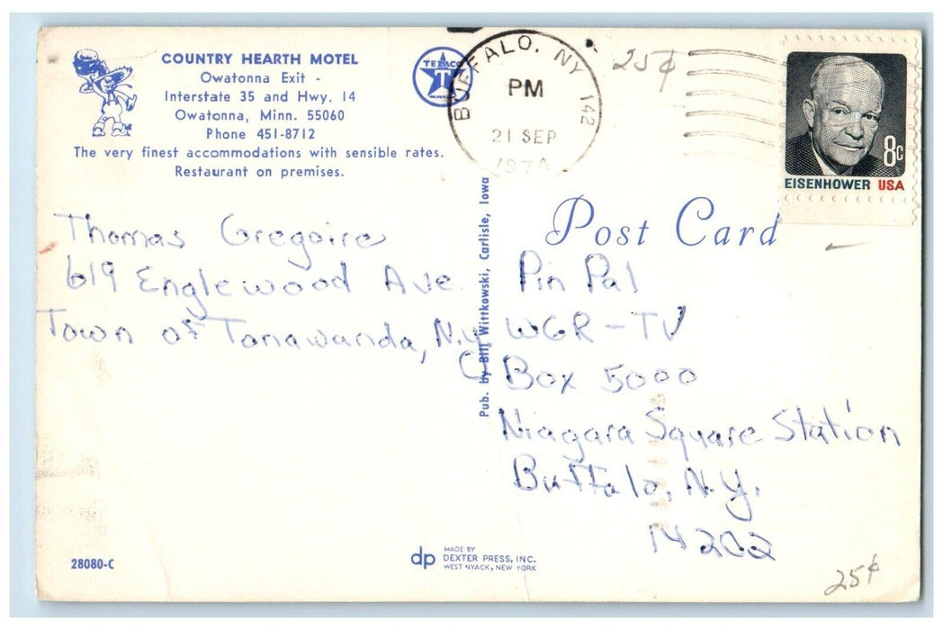 1974 Country Heart Motel Roadside Owatonna Minnesota MN, Buffalo NY Postcard