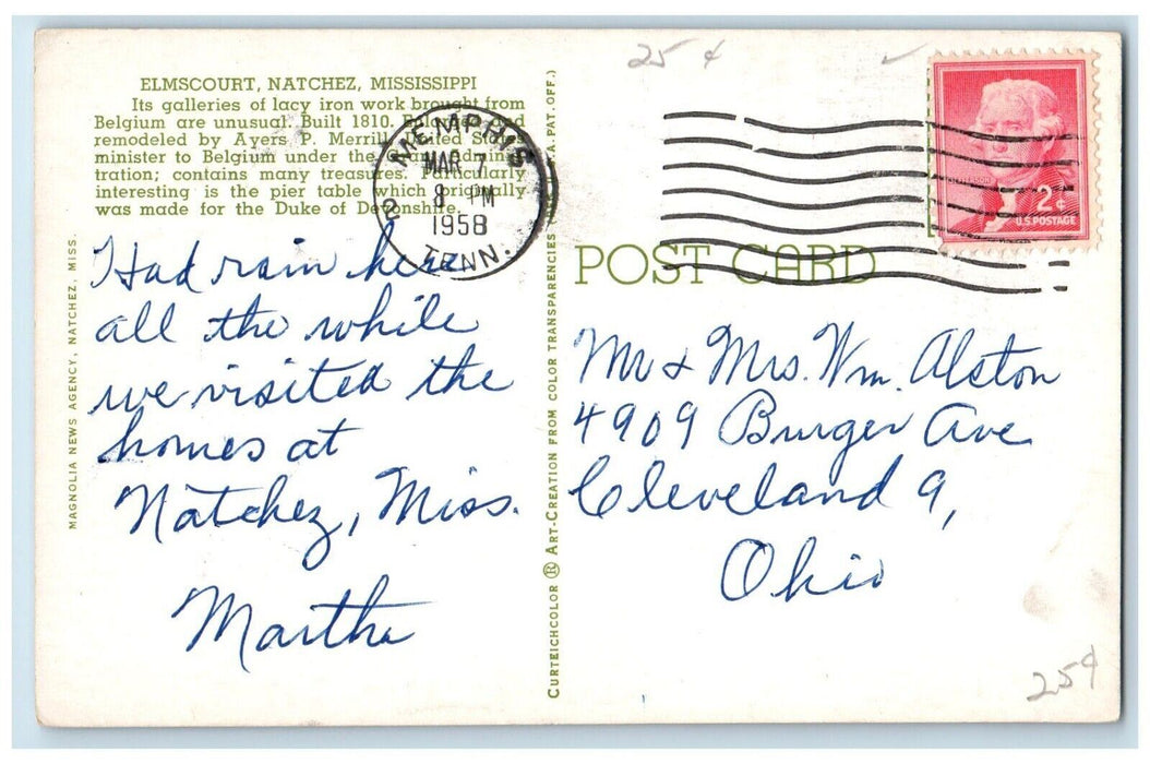 1958 Elmscourt Natchez Mississippi MS, Memphis TN Posted Vintage Postcard