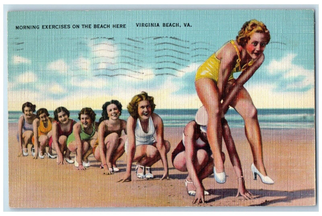 1945 Morning Exercise On The Beach Virginia Beach VA, Girl Playing Postcard