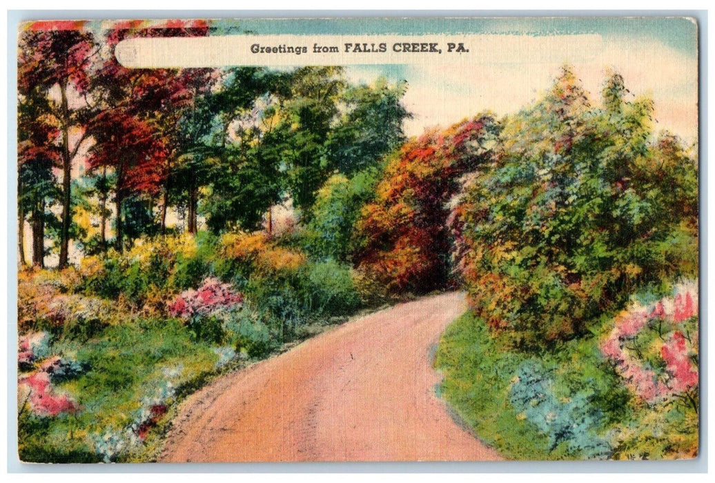 1951 Greetings From Falls Creek Pennsylvania PA, Road Flowers Vintage Postcard