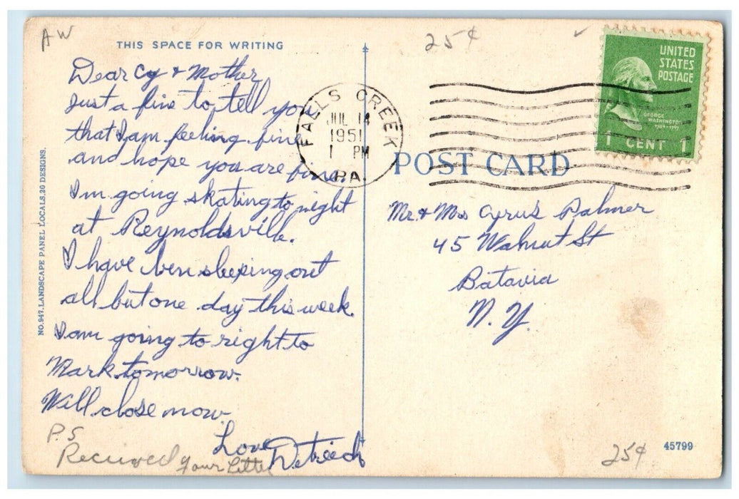 1951 Greetings From Falls Creek Pennsylvania PA, Road Flowers Vintage Postcard