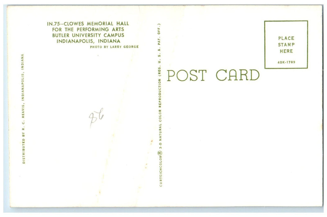 c1950's Clowes Memorial Hall Butler University Indianapolis IN Postcard
