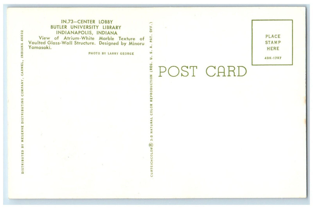 c1950's Center Lobby Butler University Library Indianapolis IN Postcard