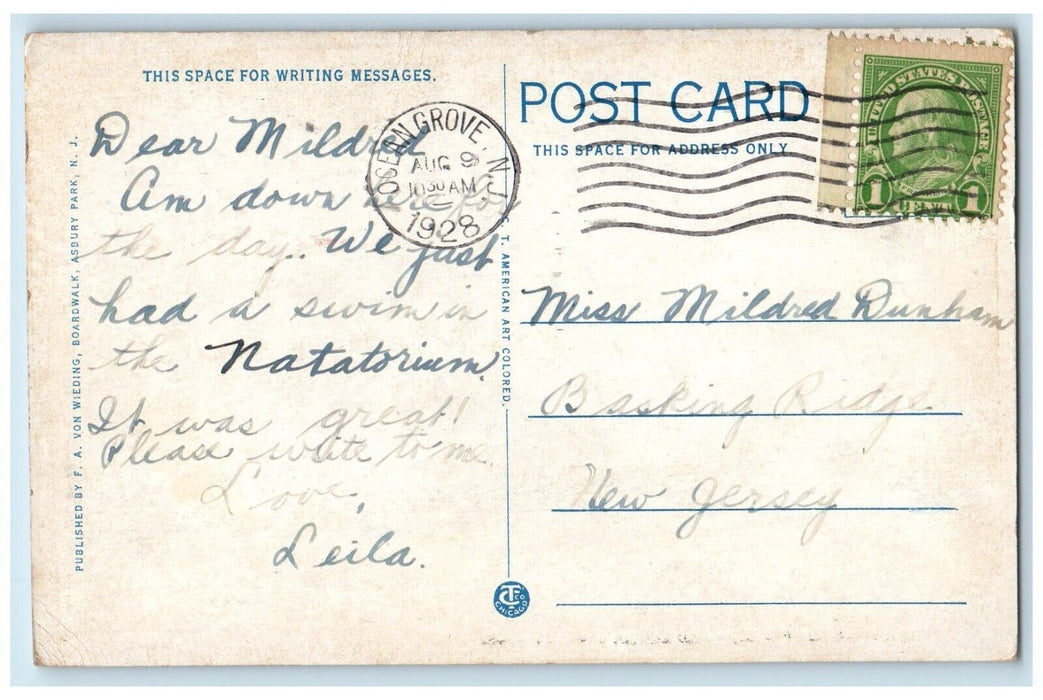 1928 North End Hotel Pavilion Wesley Lake Night Ocean Grove New Jersey Postcard