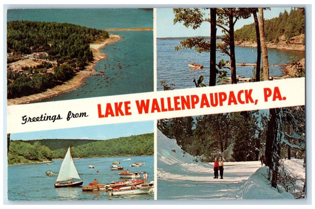 1970 Greetings Lake Wallenpaupack Pocono Mountains Pennsylvania Banner Postcard