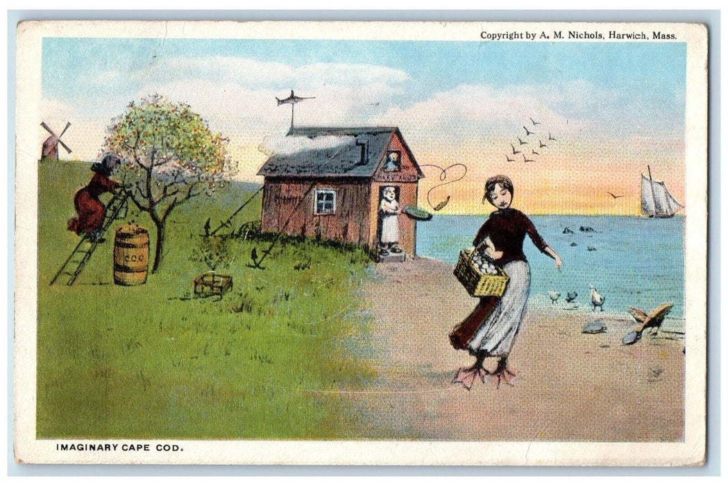 1919 Imaginary Cape COD Sailboat Beach Duck East Sandwich Massachusetts Postcard