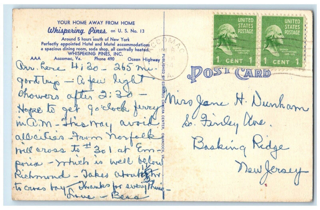 1954 Whispering Pines Hotel Motel Exterior Building Accomac Virginia VA Postcard