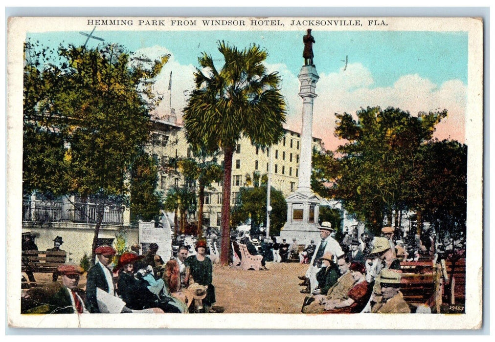 1930 Hemming Park Windsor Hotel Monument Statue Jacksonville Florida FL Postcard