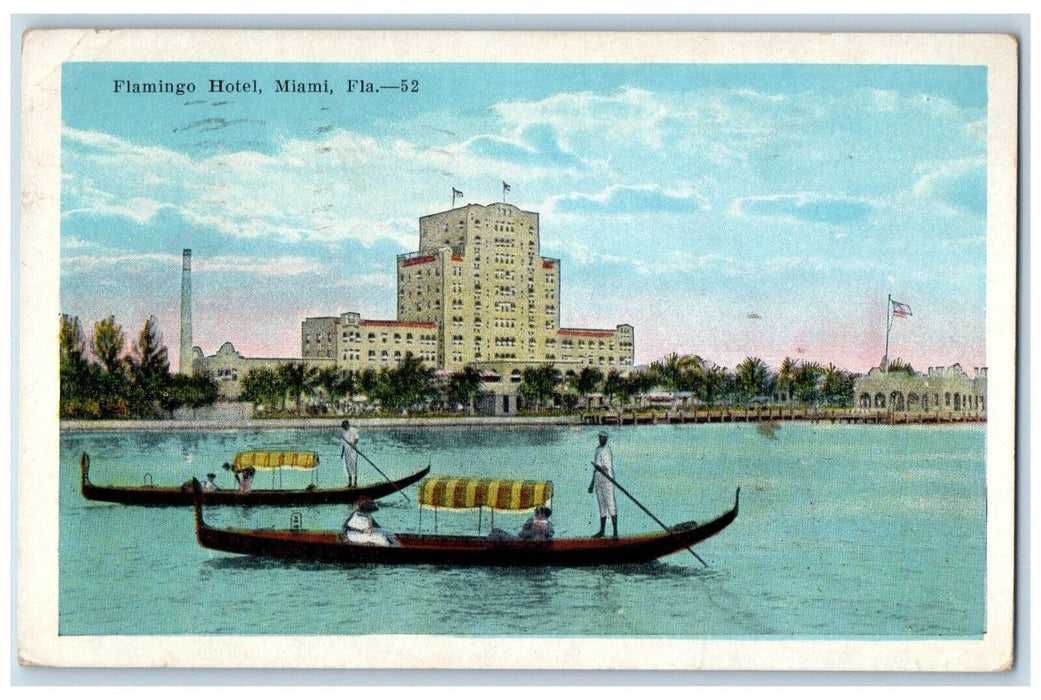 1923 Flamingo Hotel Exterior Building Canoe Paddle Boat Miami Florida Postcard