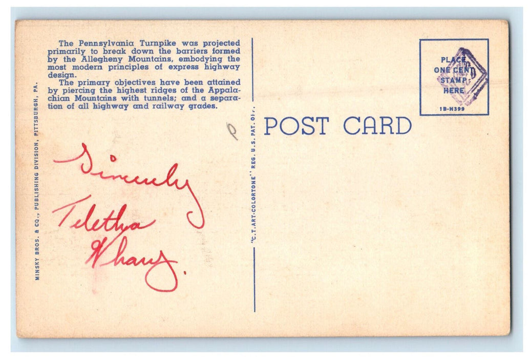 c1940s Pennsylvania Turnpike, Greetings from America's Super Highway Postcard