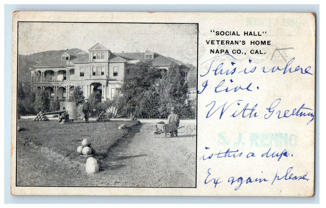 1906 "Social Hall" Veterans Home Napa Co. California CA Amityville NY Postcard