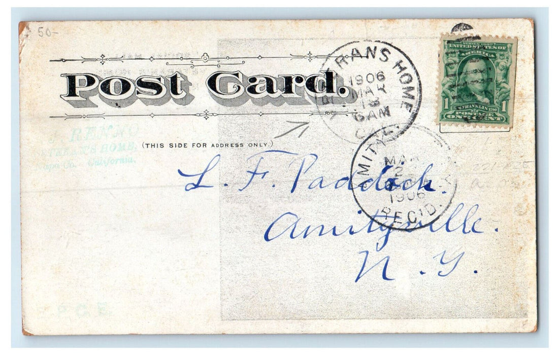 1906 "Social Hall" Veterans Home Napa Co. California CA Amityville NY Postcard