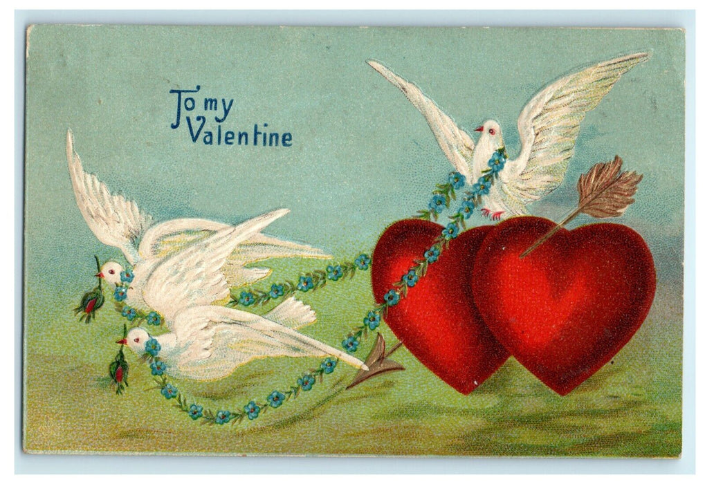 Valentine Cupid Birds Dove With Heart And Flowers Rose Embossed Postcard