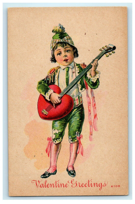 1911 Bard Boy Playing A Heart Shape Guitar Valentines Day Antique Postcard