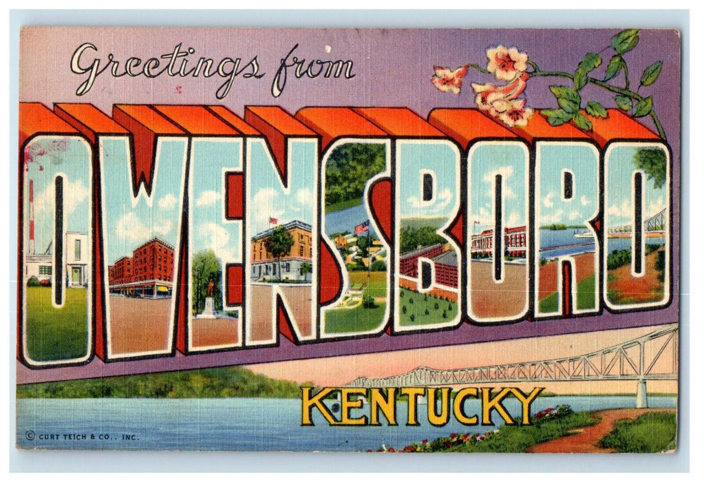 1942 Bridge Scene, Greetings from Owensboro Kentucky KY Vintage Postcard