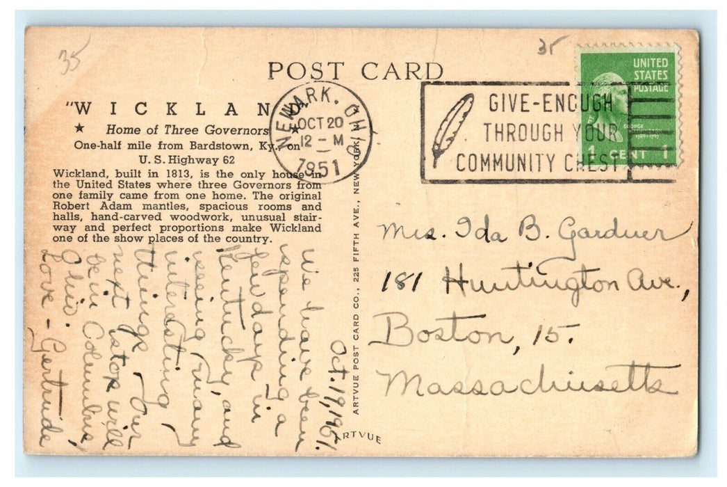 1951 "Wickland" Bardstown, Kentucky KY, Give Enough Cancelled Postcard
