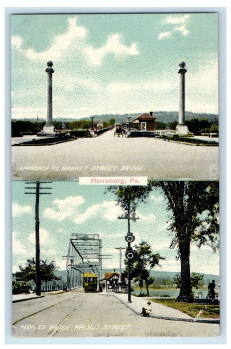 1909 Market Street Bridge And Peoples Bridge Trolley Harrisburg PA Postcard