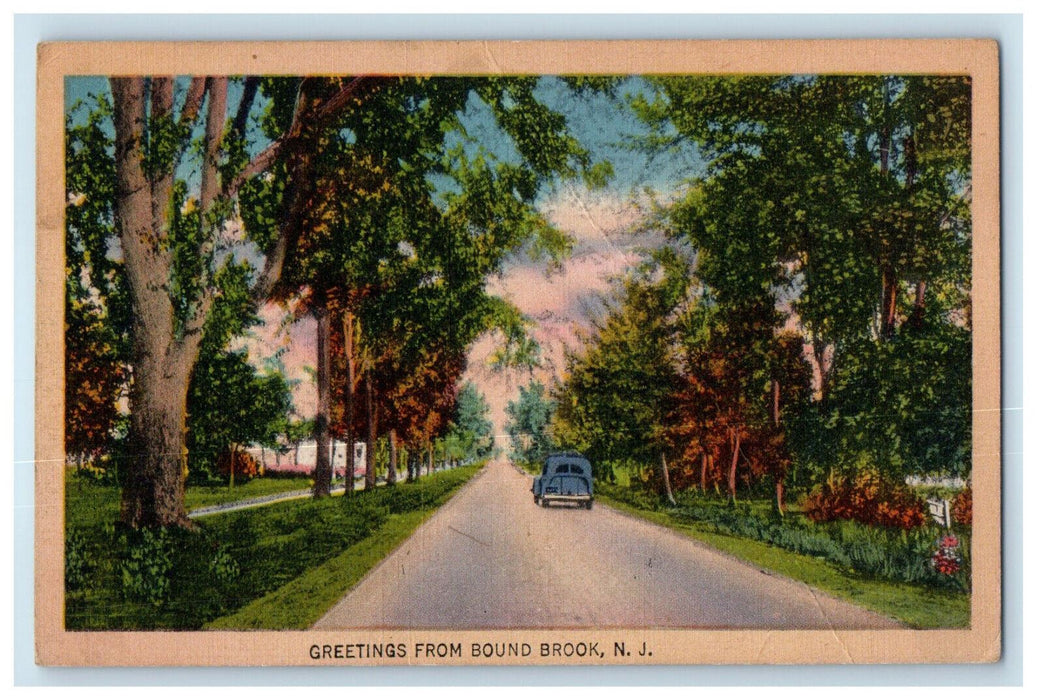 1946 Car Scene, Greetings from Bound Brook New Jersey NJ Postcard