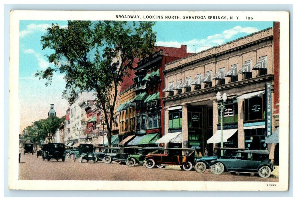 The Broadway Looking North Storefront Cars Saratoga Springs New York NY Postcard