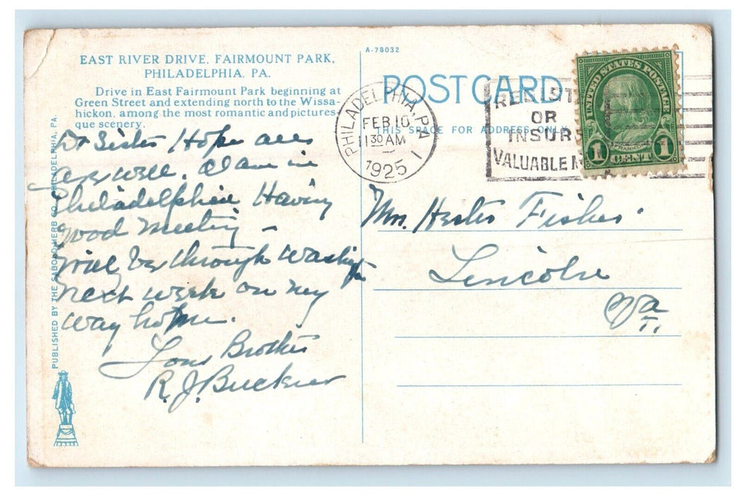 1925 East River Drive Fairmount Park Philadelphia Pennsylvania PA Postcard