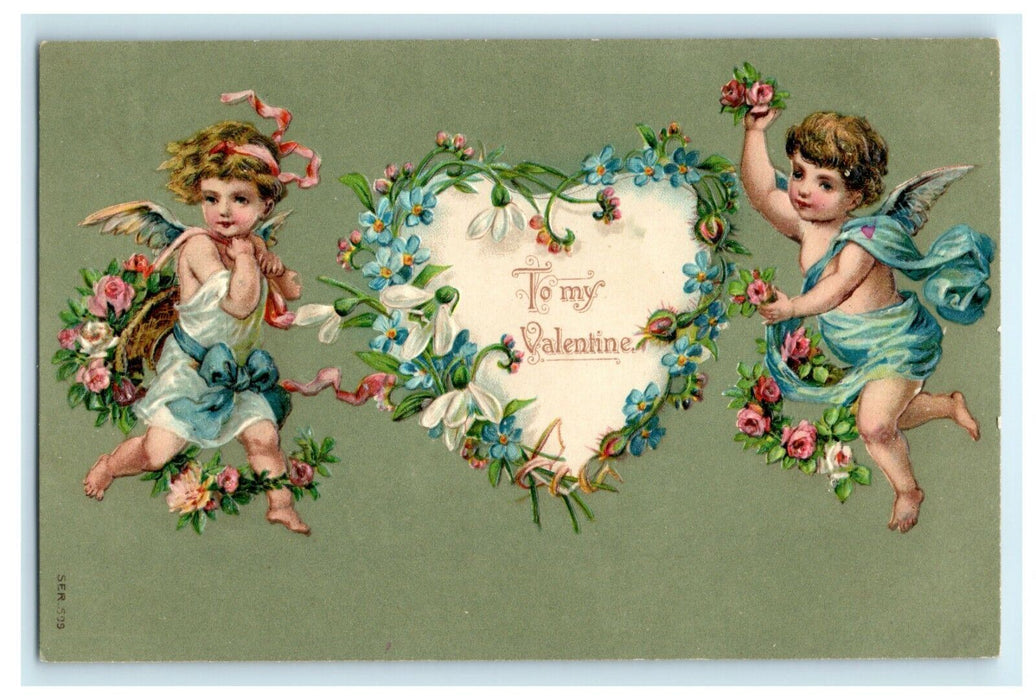 Valentine Cupid Angels Cherubs Holding Vines And Flowers Embossed Postcard