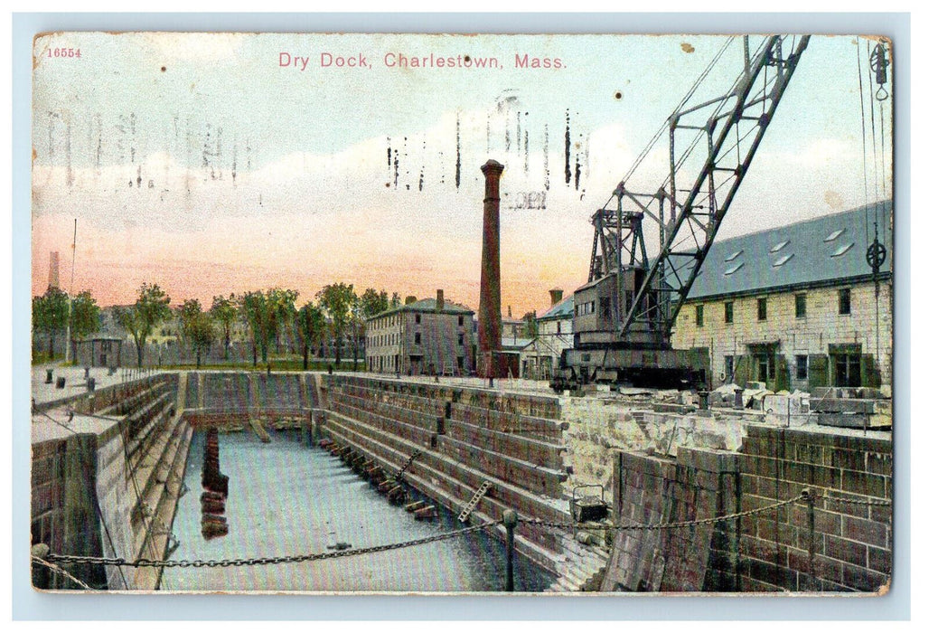 1909 Construction Equipment Dry Dock Charlestown Massachusetts MA Postcard