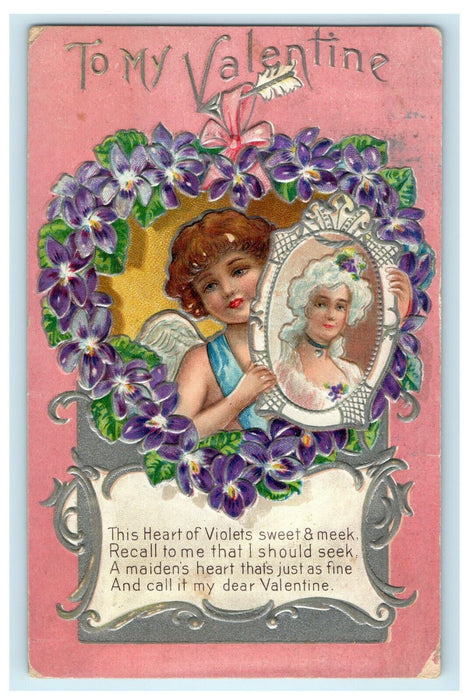 1911 Cupid Holding Portrait Embossed Valentine Kokomo Indiana IN Postcard