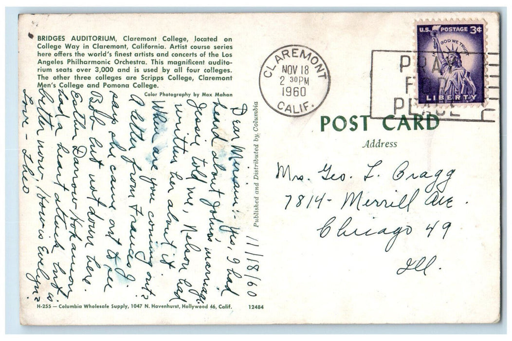 1960 Bridges Auditorium at Claremont College, College Way, Claremont CA Postcard