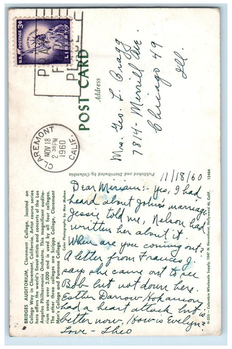 1960 Bridges Auditorium at Claremont College, College Way, Claremont CA Postcard