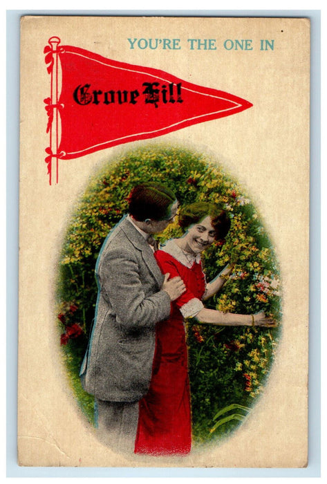 c1910 Couple Walk Scene, You're The One In Grove Hill Red Pennant Postcard