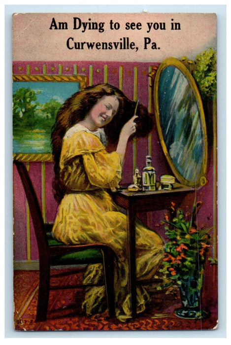 1912 Giant Mirror, Woman Combing Hair Curwensville PA Antique Posted Postcard