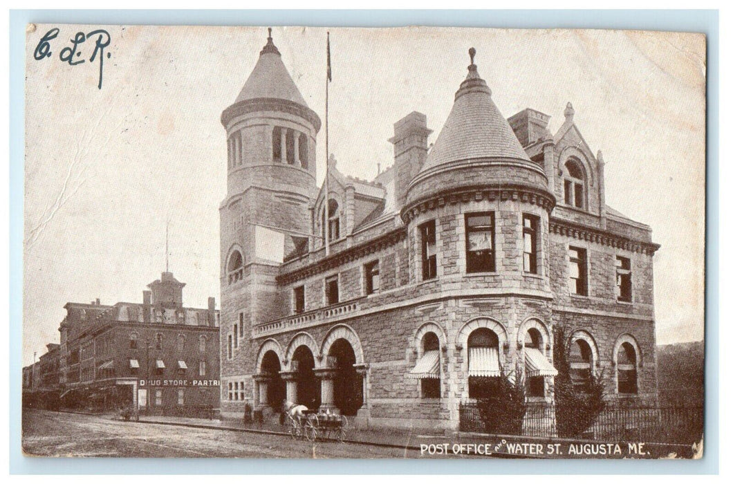 1907 Post Office and Water Street, Augusta, Maine ME Antique Posted Postcard