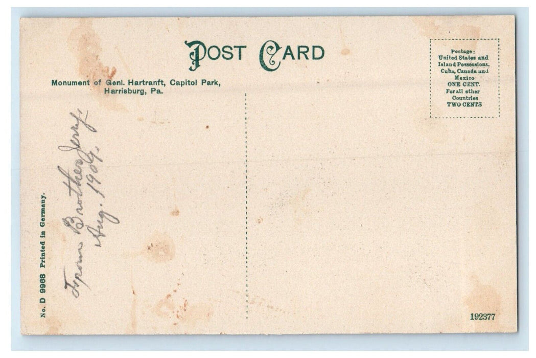 1909 Monument Of General Hartranft Capitol Park Snow Harrisburg PA Postcard