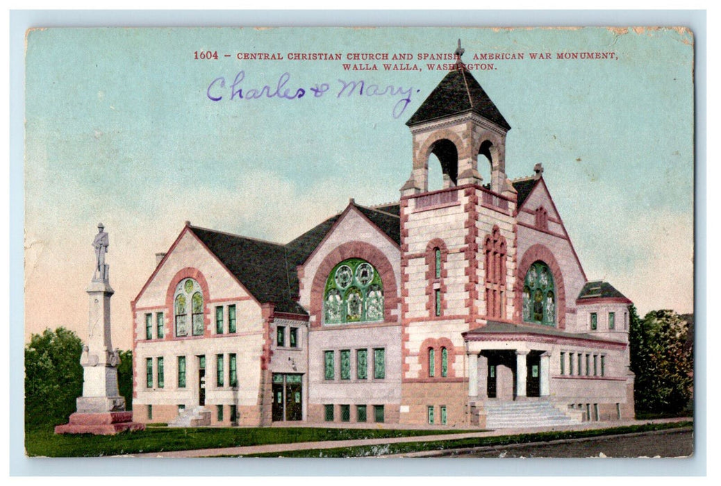 1919 Central Christian Church & Spanish American War Monument WA Postcard
