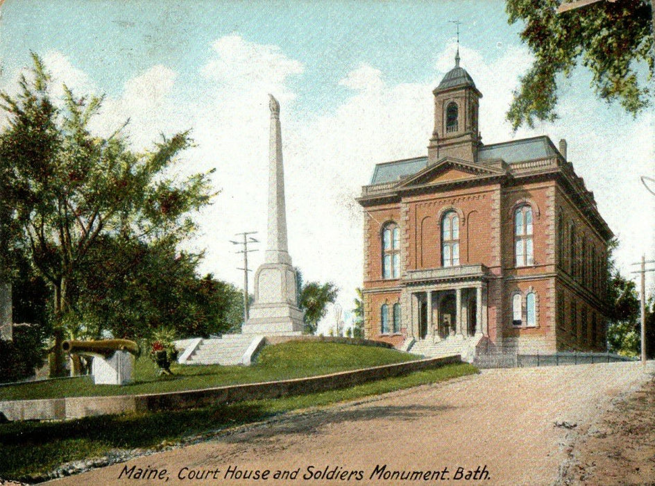 1908 Court House and Soldiers Monument, Bath, Maine ME Posted Postcard