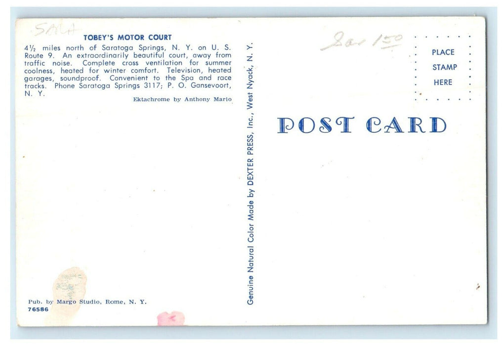 Tobey's Motor Court Interior Room View Saratoga Spring New York NY Postcard