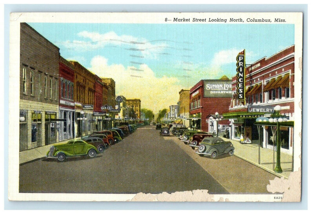 1946 Market Street Looking North Cars Columbus Mississippi MS Vintage Postcard