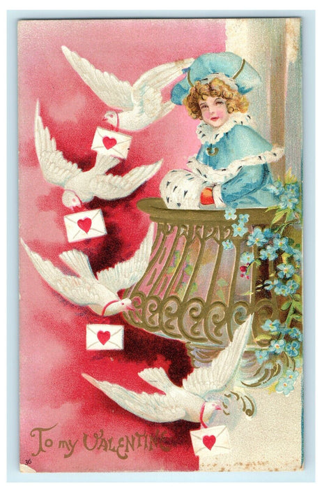 Valentine Beautiful Woman Dove Sending Letters Clapsaddle (?) Embossed Postcard