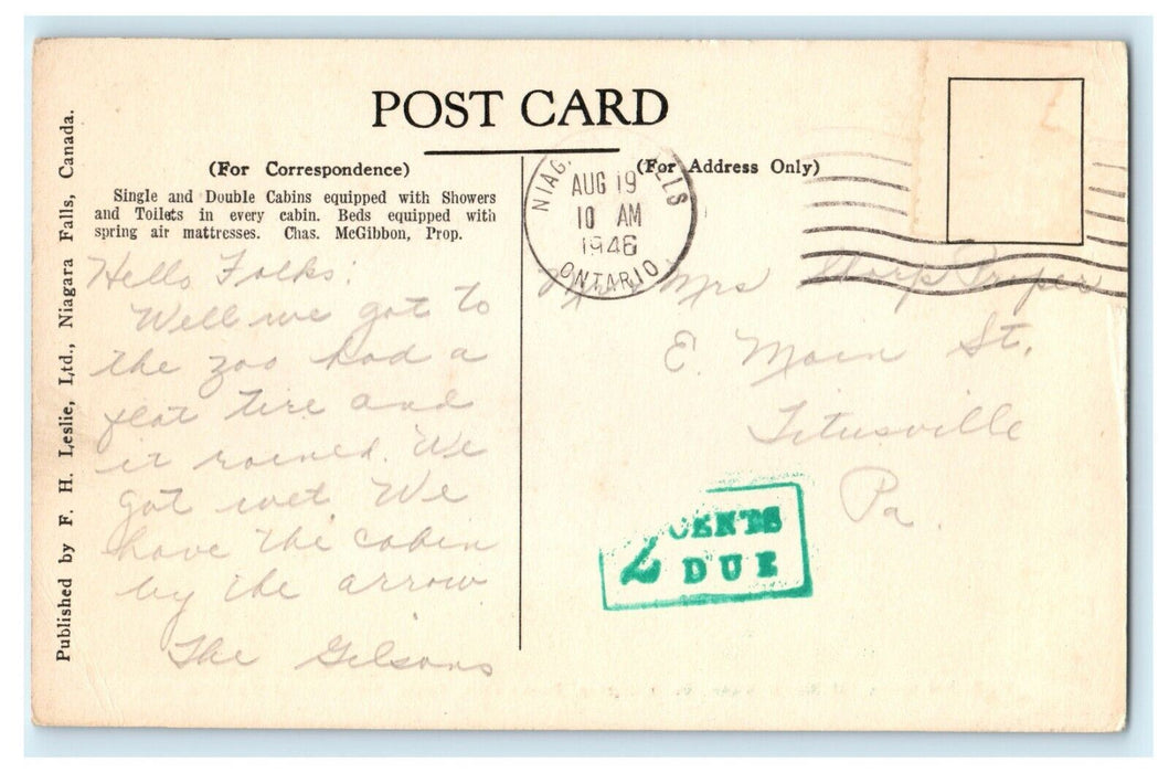 1946 Postage Due 2 Cents, Slumberland Cabins, Niagara Falls, Canada CA Postcard