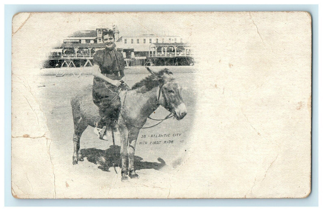 1905 Woman's First Ride in Donkey in Atlantic City New Jersey NJ Postcard