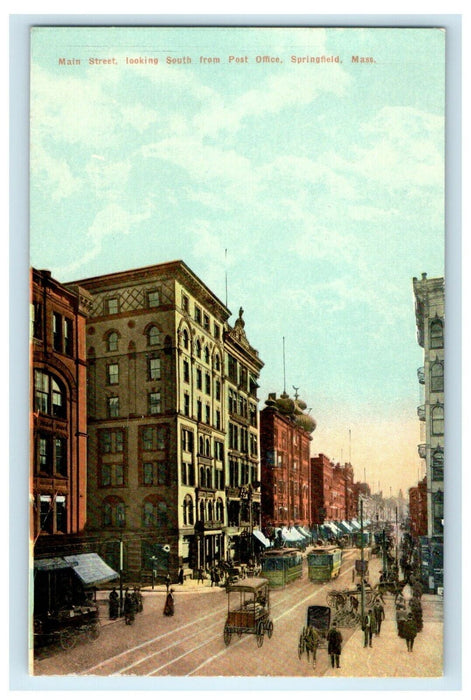 Main Street Looking South From Post Office Springfield Massachusetts MA Postcard