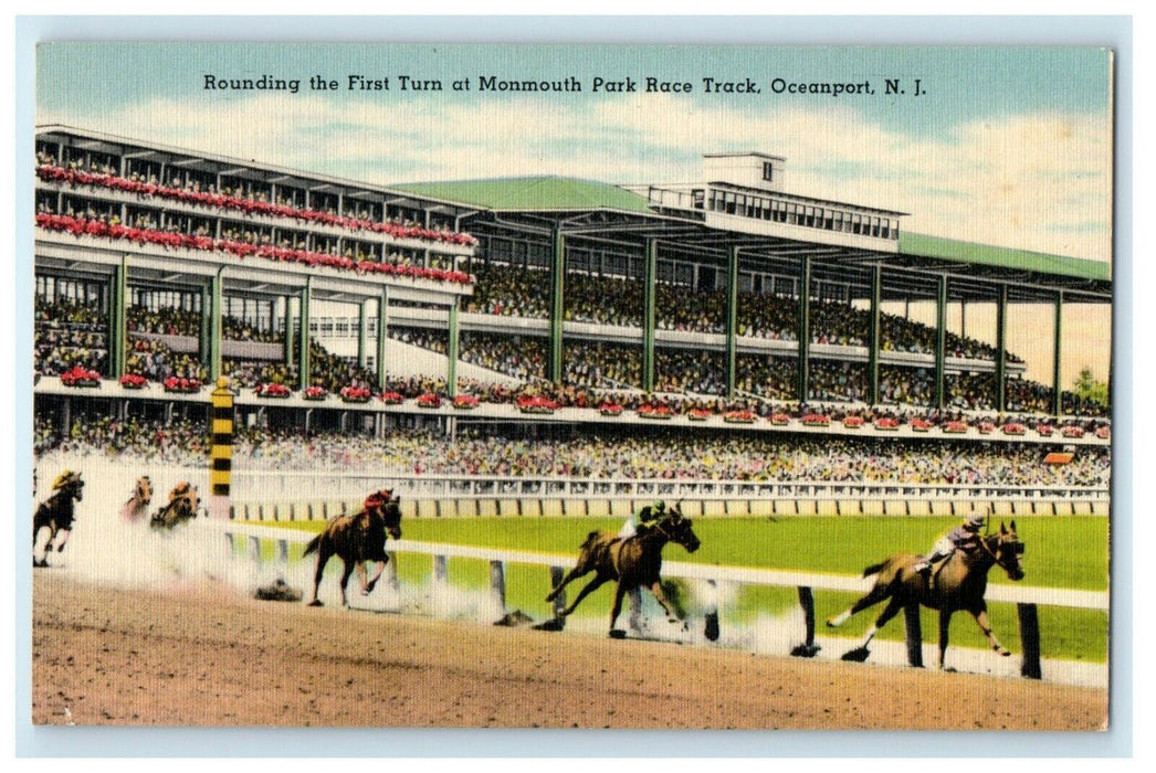 Oceanport NJ, Rounding First Turn Monmouth Park Horse Race Track Postcard