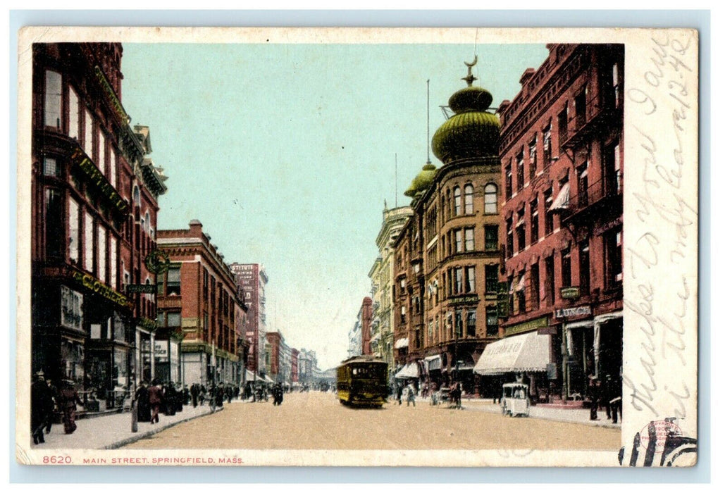 1907 View Of Main Street Trolley Springfield Massachusetts MA Antique Postcard