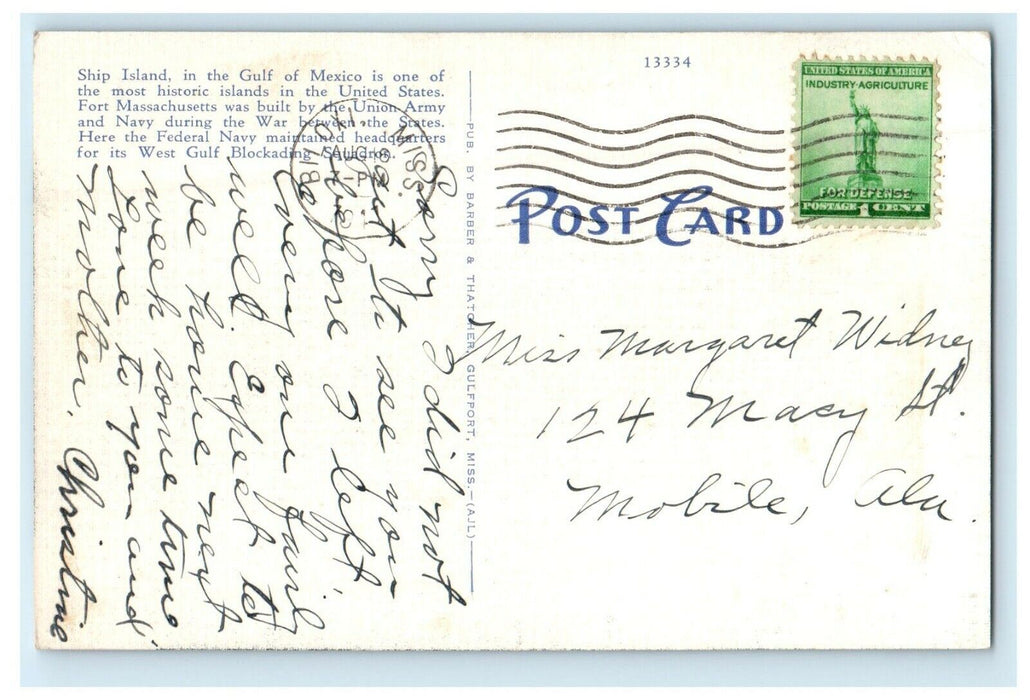 1911 Fort Massachusetts Ship Island Mississippi Gulf Coast Biloxi MS Postcard